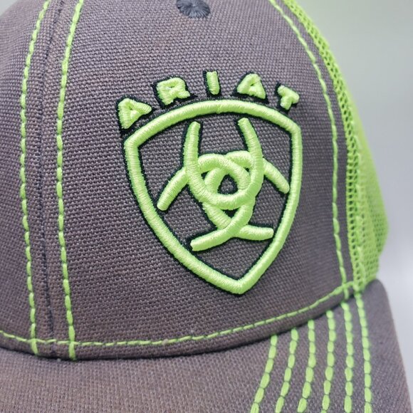 Ariat Snap Back Mesh Back Hat Adjustable Embroidered Logo Green Gray - Picture 7 of 16